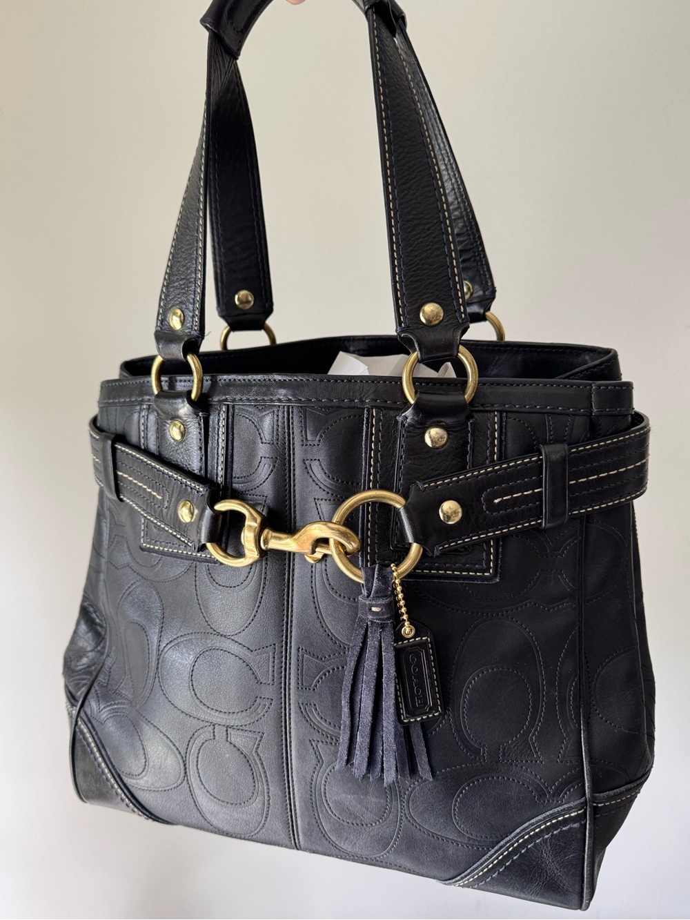 COACH Leather Hampton Embossed Black Shoulder Bag